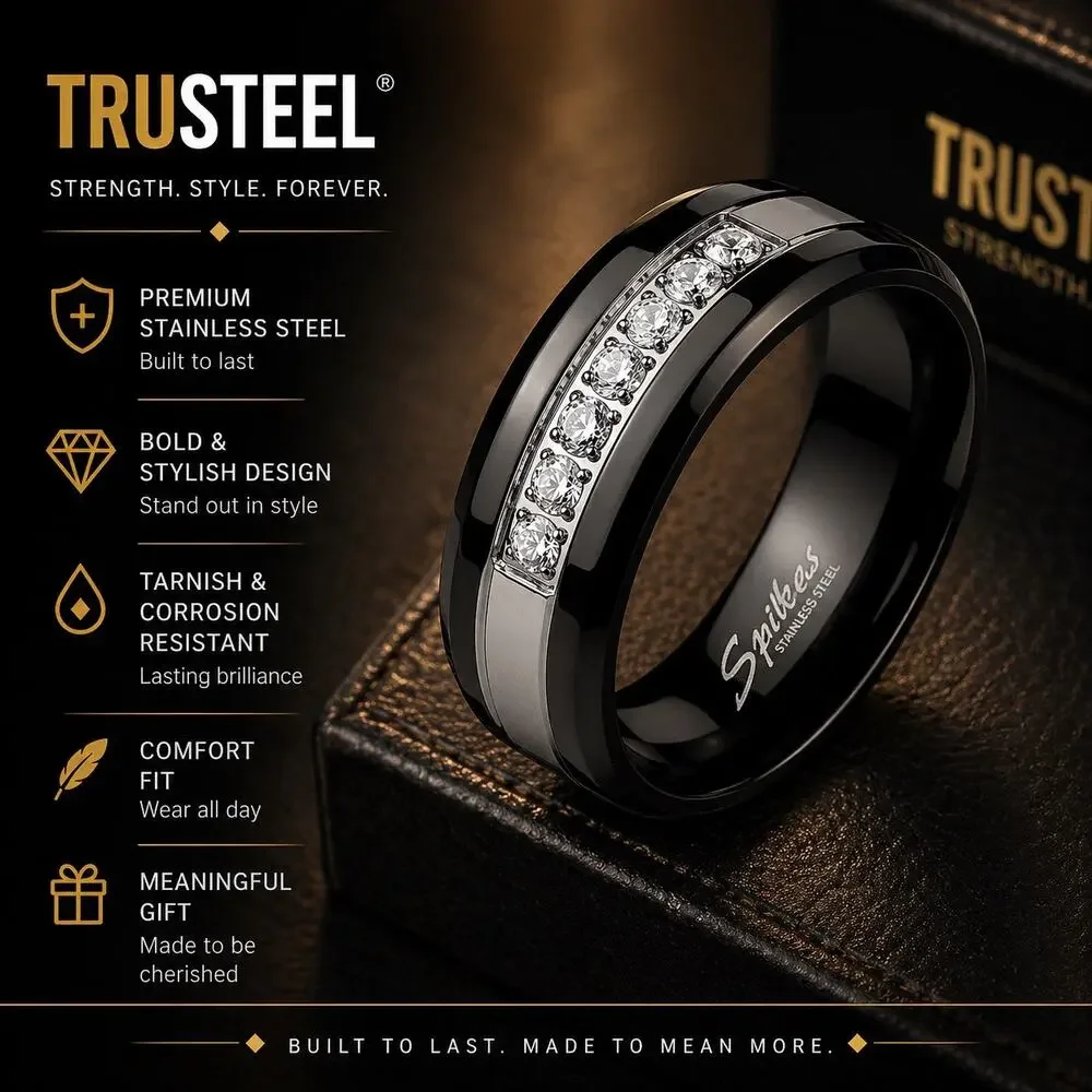 Men’s 7 CZ Lined Set Black 316L Stainless Steel Ring hypoallergenic size 12